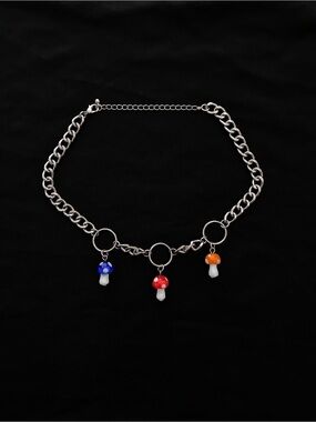 Silver-Tone Curb Chain Choker with Red, Blue & Orange Glass Mushroom Charms